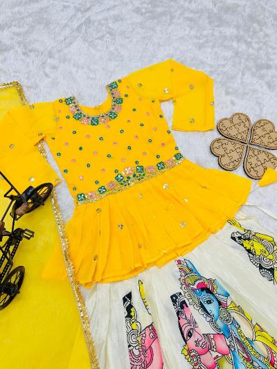 Yellow Chinon Silk Printed Kids Lehenga Choli Set - BONYHUBClothing