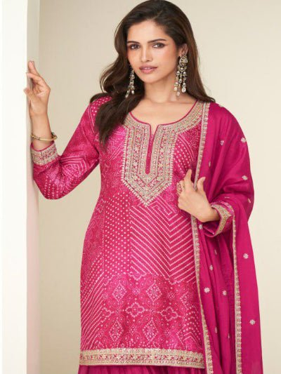 Rang Riwaaz Pink Bandhani Chinon Silk Palazzo Suit Set - BONYHUBSALWAR KAMEEZ