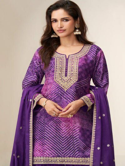 Rang Riwaaz Purple Bandhani Chinon Silk Palazzo Suit Set - BONYHUBSALWAR KAMEEZ
