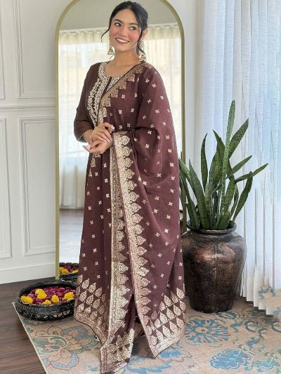 Coffee Brown Chanderi Straight Suit With Jacquard Dupatta - BONYHUBSALWAR KAMEEZ