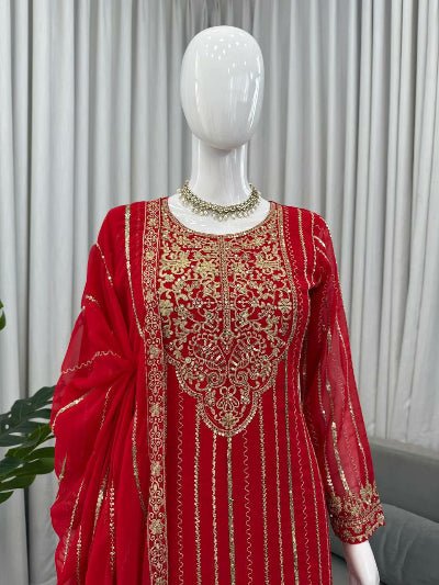 Red Georgette Rich Embroidery Work Straight Suit Set - BONYHUBSALWAR KAMEEZ