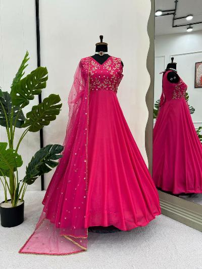 Dark Pink Flair Chinon Silk Partywear Anarkali Set Of 3 UK Next Day - BONYHUBSALWAR KAMEEZ