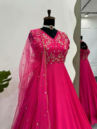 Dark Pink Flair Chinon Silk Partywear Anarkali Set Of 3 UK Next Day - BONYHUBSALWAR KAMEEZ