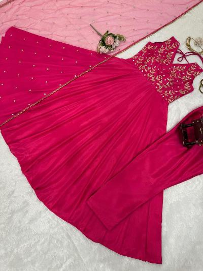 Dark Pink Flair Chinon Silk Partywear Anarkali Set Of 3 UK Next Day - BONYHUBSALWAR KAMEEZ