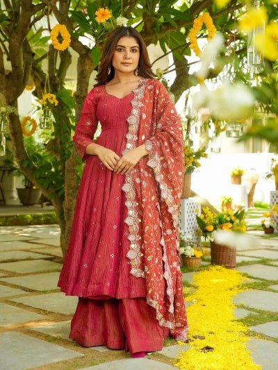 Rusty Pink & Red Shaded Embroidery Work Anarkali Suit Set - BONYHUBSALWAR KAMEEZ