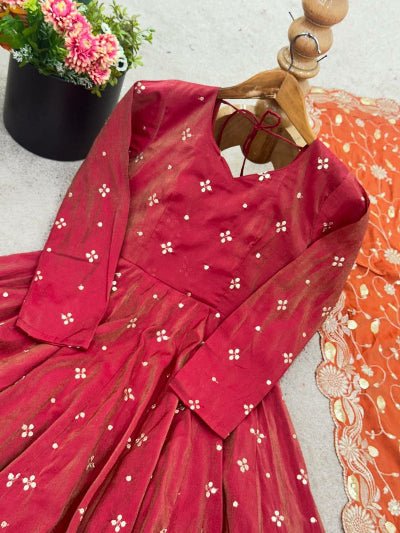 Rusty Pink & Red Shaded Embroidery Work Anarkali Suit Set - BONYHUBSALWAR KAMEEZ