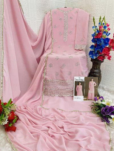 Baby Pink Chinon Elegant Embroidery Palazzo Suit Set - BONYHUBSALWAR KAMEEZ