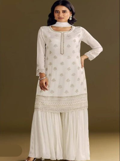 White Chinon Elegant Embroidery Palazzo Suit Set - BONYHUBSALWAR KAMEEZ