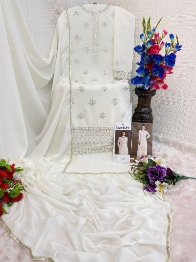 White Chinon Elegant Embroidery Palazzo Suit Set - BONYHUBSALWAR KAMEEZ