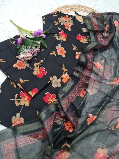 Black Silk Blend Floral Salwar Suit Set - BONYHUBSALWAR KAMEEZ
