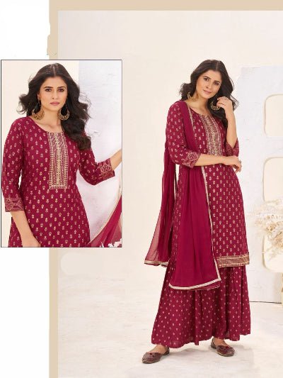 Elegant Women Embroidery Rayon Sharara Suit Set - BONYHUBSALWAR KAMEEZ