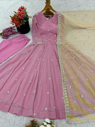 Blush Pink Georgette Embroidery Work Anarkali Suit Set - BONYHUBSALWAR KAMEEZ