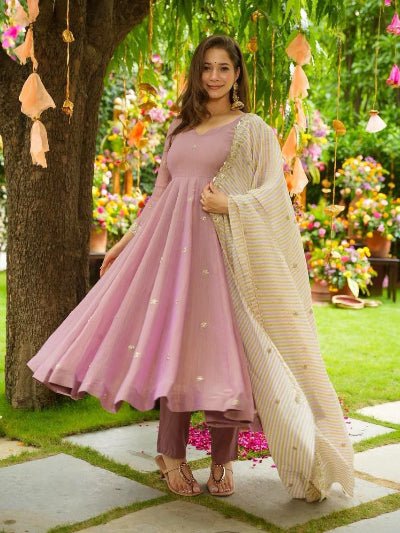 Blush Pink Georgette Embroidery Work Anarkali Suit Set - BONYHUBSALWAR KAMEEZ