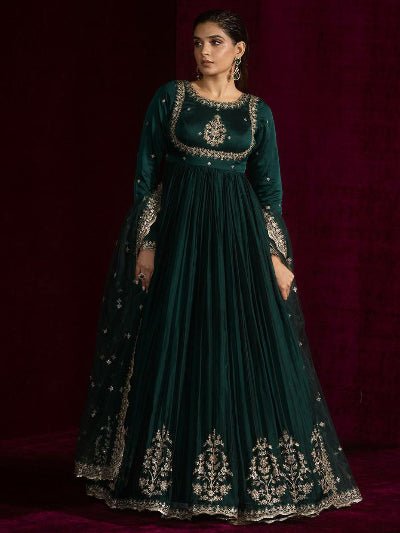 Turquoise Blue Thread Embroidery Work Anarkali Suit Set - BONYHUBSALWAR KAMEEZ