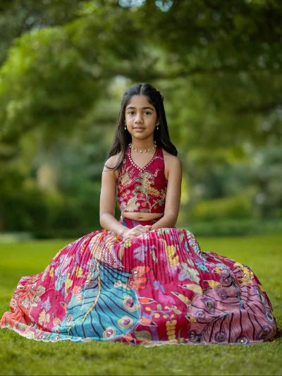 Kids Dark Pink Printed Embroidery Work Lehenga Choli Set - BONYHUBLehangas