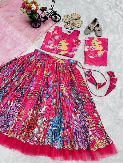 Kids Dark Pink Printed Embroidery Work Lehenga Choli Set - BONYHUBLehangas