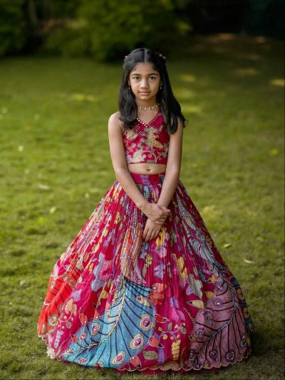 Kids Dark Pink Printed Embroidery Work Lehenga Choli Set - BONYHUBLehangas