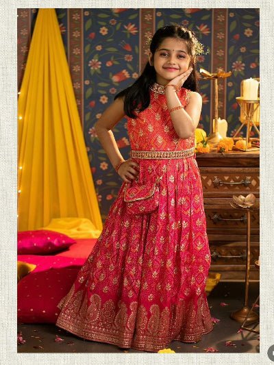 Kids Pink Red Georgette Sequins Work Lehenga Choli Set - BONYHUBLehangas