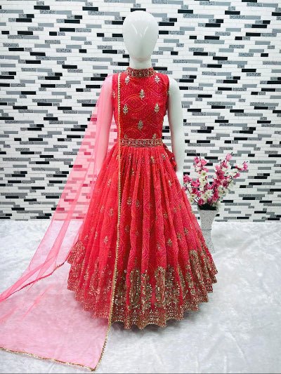 Kids Pink Red Georgette Sequins Work Lehenga Choli Set - BONYHUBLehangas