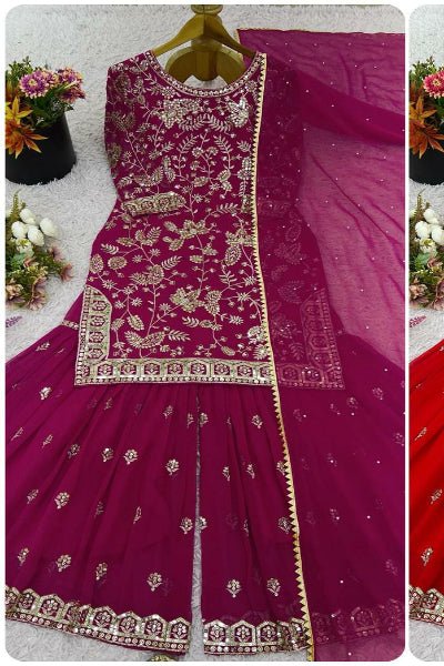 Mulberry Plum Luxe Embroidery Georgette Sharara Suit Set - BONYHUBSALWAR KAMEEZ