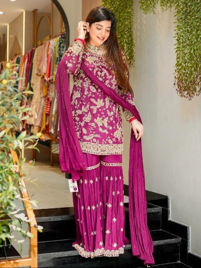 Mulberry Plum Luxe Embroidery Georgette Sharara Suit Set - BONYHUBSALWAR KAMEEZ