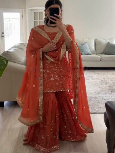 Orange Georgette Embroidery work Full Sleeves Sharara Suit - BONYHUBSALWAR KAMEEZ