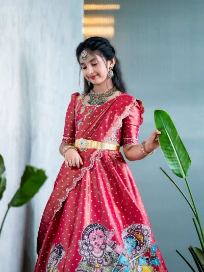 Deep Pinkish Red Kids Printed Chinon Silk Lehenga Choli Set - BONYHUBLehangas