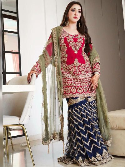 Red & Navy Blue Embroidery Sequins Sharara With Gold Dupatta - BONYHUBSALWAR KAMEEZ