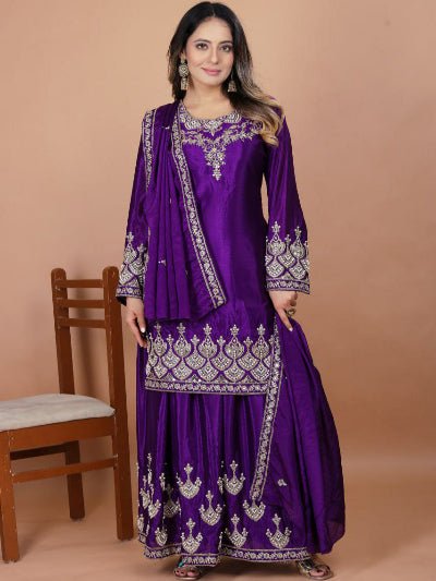 Purple Chinon Silk Embroidey Moti Work Sharara Palazzo Set - BONYHUBSALWAR KAMEEZ