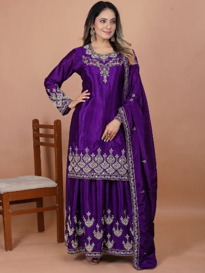 Purple Chinon Silk Embroidey Moti Work Sharara Palazzo Set - BONYHUBSALWAR KAMEEZ