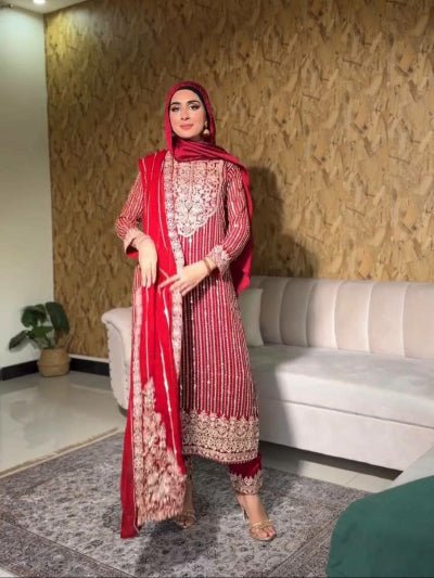 Red Georgette Exquisite Embroidery Work Straight Suit - BONYHUBSALWAR KAMEEZ