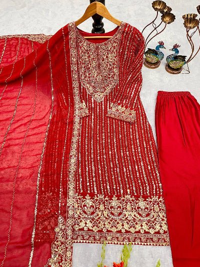Red Georgette Exquisite Embroidery Work Straight Suit - BONYHUBSALWAR KAMEEZ
