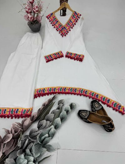 White Georgette Pom - Pom Lace Kurti Palazzo Set Of 2 - BONYHUBSALWAR KAMEEZ
