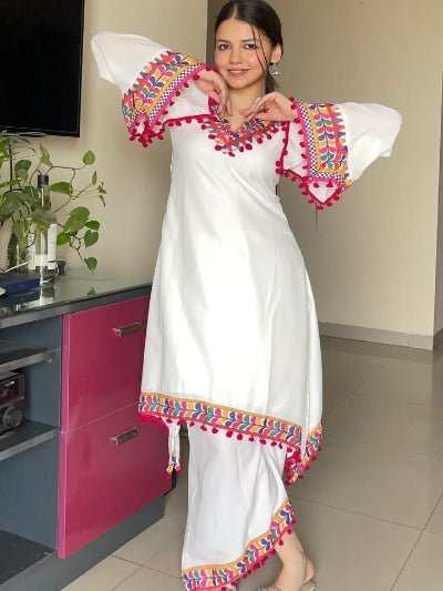 White Georgette Pom - Pom Lace Kurti Palazzo Set Of 2 - BONYHUBSALWAR KAMEEZ