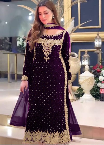Plum Partywear Velvet Designer Salwar Suit Set - BONYHUBSALWAR KAMEEZ