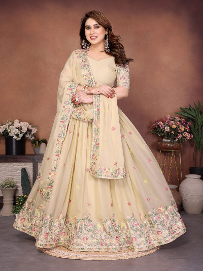 Pastel Beige Embroidery Georgette Lehenga Choli Set BONYHUB Pastel Beige Embroidery Georgette Lehenga Choli Set BONYHUB