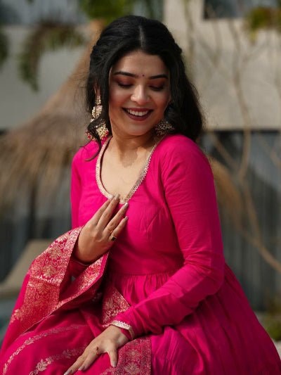 Pink Flair Anarkali Suit With Jacquard Banarasi Dupatta - BONYHUBSALWAR KAMEEZ