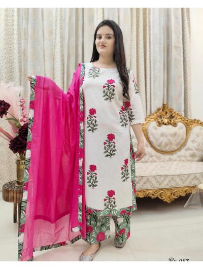 Pink Floral Printed Cotton Salwar Suit (Set of 3) - BONYHUBSALWAR KAMEEZ