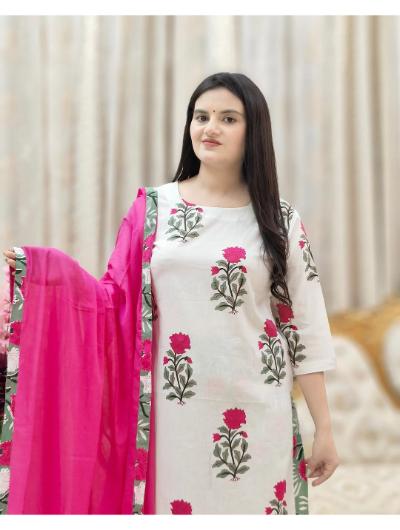 Pink Floral Printed Cotton Salwar Suit (Set of 3) - BONYHUBSALWAR KAMEEZ