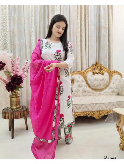 Pink Floral Printed Cotton Salwar Suit (Set of 3) - BONYHUBSALWAR KAMEEZ