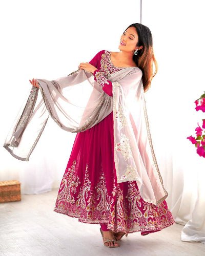 Pink Intricate Thread Embroidered Anarkali Suit Set - BONYHUBSALWAR KAMEEZ