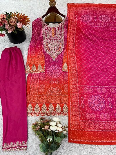 Pink Orange Bandhani Print Festive Salwar Suit Set - BONYHUBSALWAR KAMEEZ