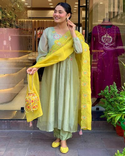 Pista Green Silk Anarkali Suit With Mustard Organza Dupatta - BONYHUBSALWAR KAMEEZ