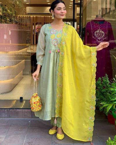 Pista Green Silk Anarkali Suit With Mustard Organza Dupatta - BONYHUBSALWAR KAMEEZ