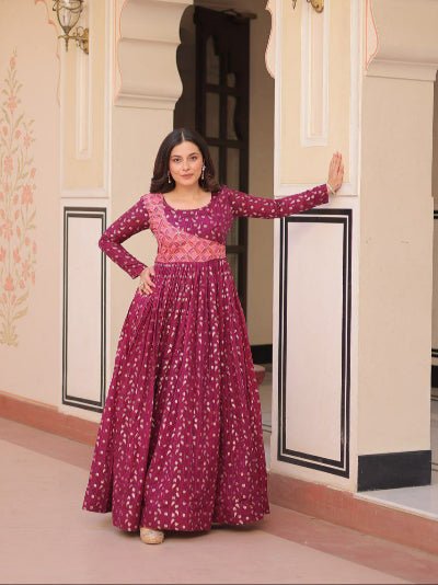 Plum Printed Jacquard Weaving Work Anarkali Gown 1Pc - BONYHUBSALWAR KAMEEZ