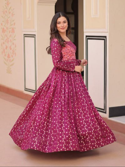 Plum Printed Jacquard Weaving Work Anarkali Gown 1Pc - BONYHUBSALWAR KAMEEZ