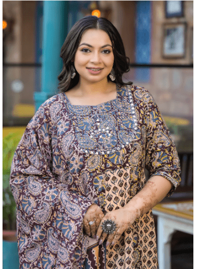 Plus size Anarkali Beige Maroon Kurti Dupatta Set of 2 - BONYHUBSALWAR KAMEEZ