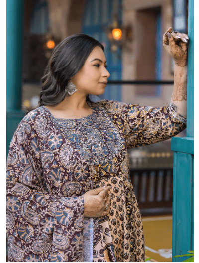 Plus size Anarkali Beige Maroon Kurti Dupatta Set of 2 - BONYHUBSALWAR KAMEEZ