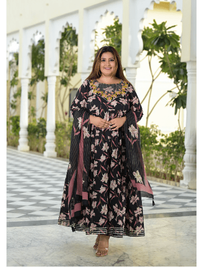 Plus size Anarkali Black Pink Kurti Dupatta Set of 2 - BONYHUBSALWAR KAMEEZ