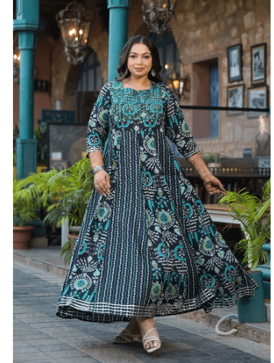 Plus size Anarkali Black Seagreen Kurti Dupatta Set of 2 - BONYHUBSALWAR KAMEEZ